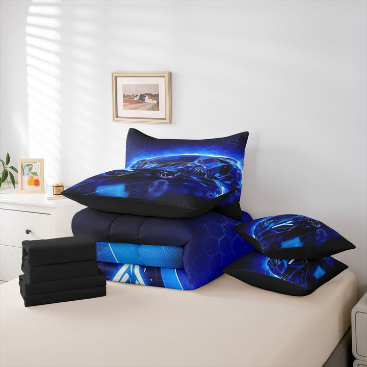 meiyoeat Blue Racing Car 7 Pieces Full Size Bedding Sets For Boys Kids,Outdoor Extreme Sports Full Size Bed in a Bag For Speed Games Lovers,Black Reversible