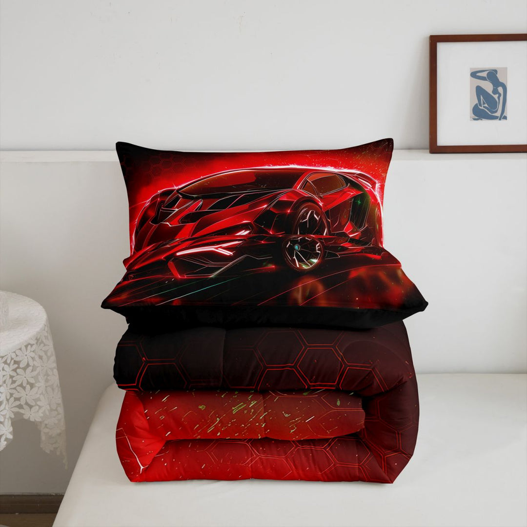 meiyoeat Red Sports Car Full Size Comforter Sets For Kids,Classic High Speed Games Bedding Comforter Set For Boys,Black Reversible,3-Piece