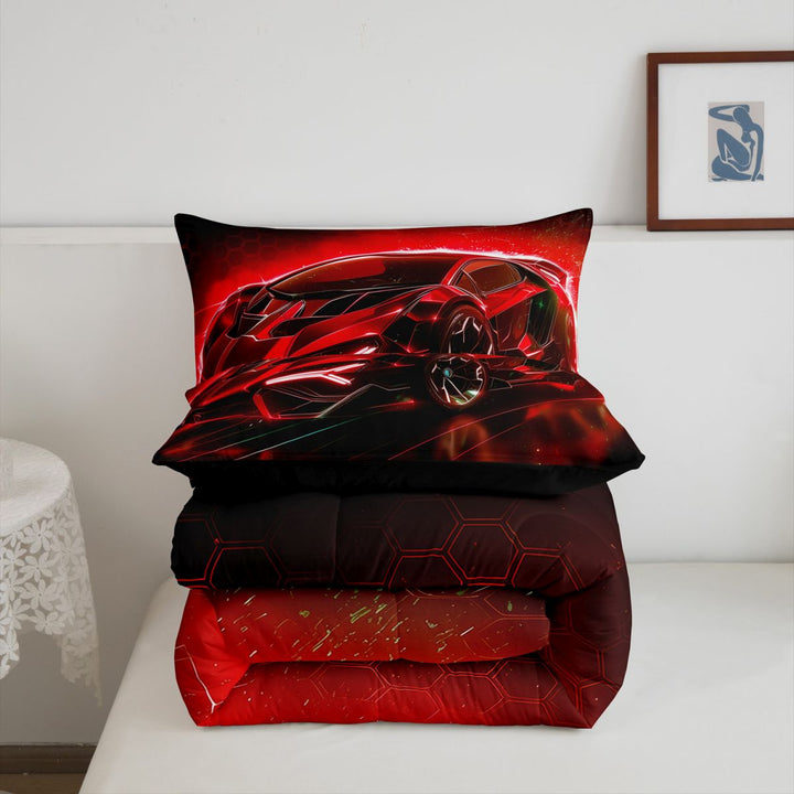 meiyoeat Red Sports Car Full Size Comforter Sets For Kids,Classic High Speed Games Bedding Comforter Set For Boys,Black Reversible,3-Piece