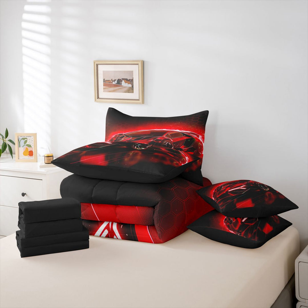 meiyoeat Red Sports Car 7 Pieces Full Size Bedding Sets For Kids,Classic High Speed Games Full Size Bed in a Bag For Boys,Black Reversible