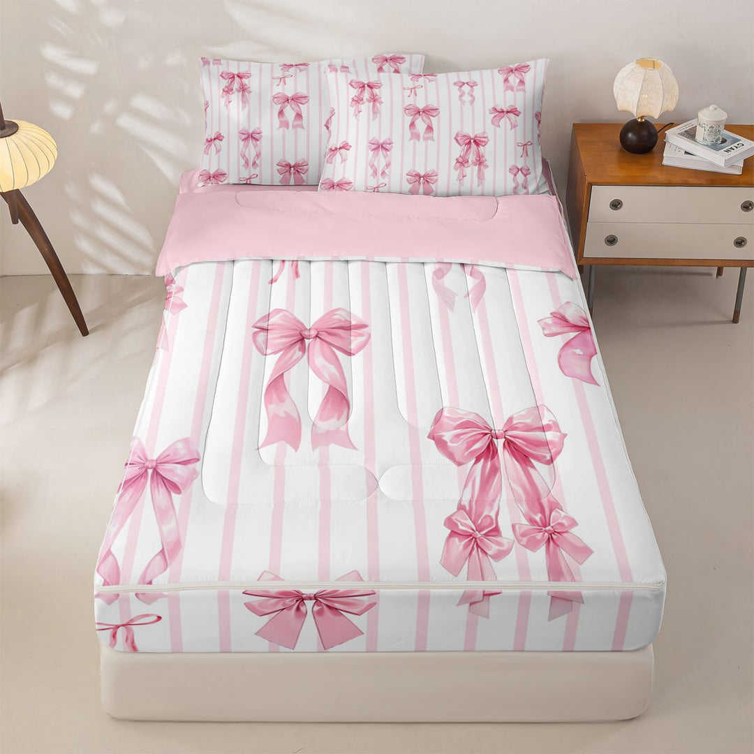 meiyoeat Pink Ribbon Bowknots Zipper Full Size Comforter Sets with Fitted Sheet and 2 Pillowcases For Girls,Modern Geometric Lines Art Zipper Bedding Set For Kids,Pink Reversible,4-Piece