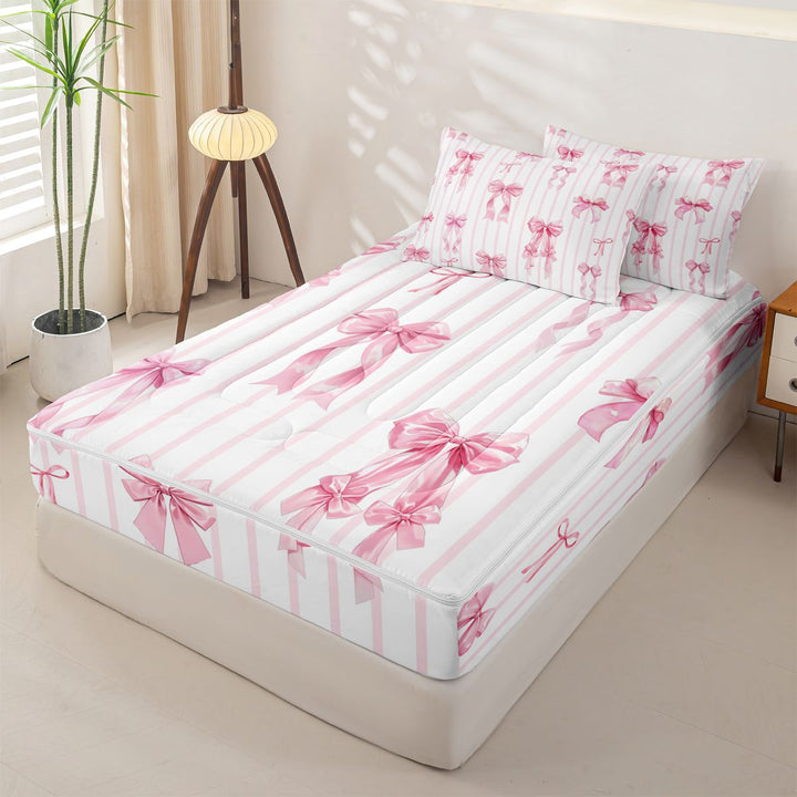 meiyoeat Pink Ribbon Bowknots Zipper Full Size Comforter Sets with Fitted Sheet and 2 Pillowcases For Girls,Modern Geometric Lines Art Zipper Bedding Set For Kids,Pink Reversible,4-Piece