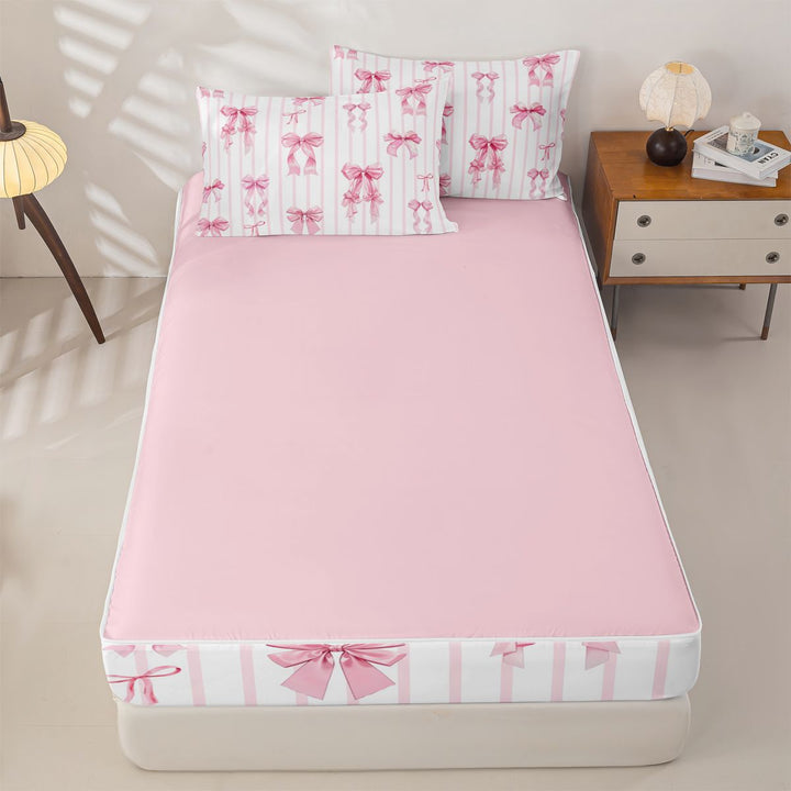 meiyoeat Pink Ribbon Bowknots Zipper Full Size Comforter Sets with Fitted Sheet and 2 Pillowcases For Girls,Modern Geometric Lines Art Zipper Bedding Set For Kids,Pink Reversible,4-Piece