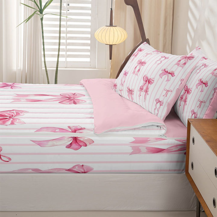 meiyoeat Pink Ribbon Bowknots Zipper Full Size Comforter Sets with Fitted Sheet and 2 Pillowcases For Girls,Modern Geometric Lines Art Zipper Bedding Set For Kids,Pink Reversible,4-Piece