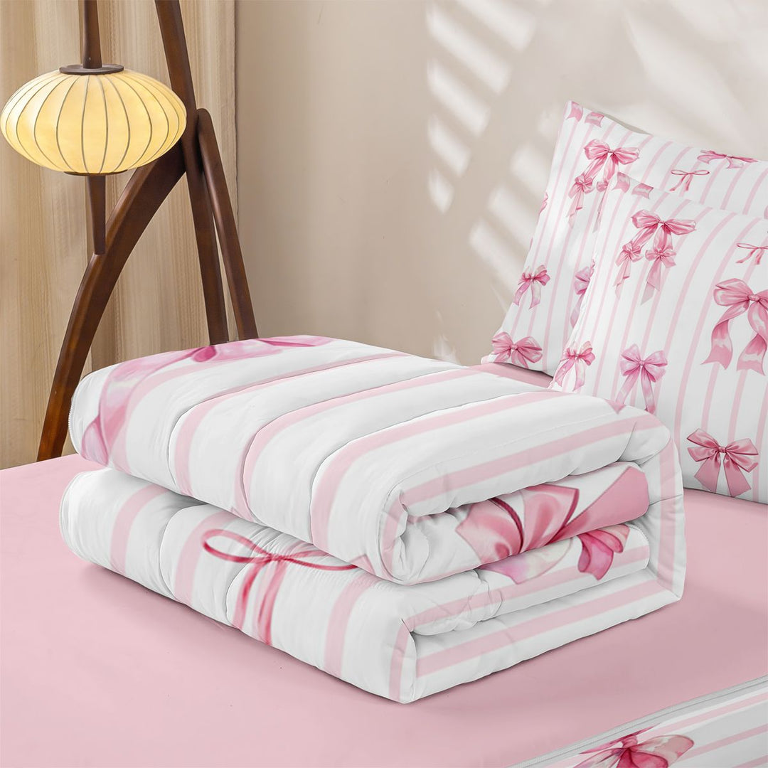 meiyoeat Pink Ribbon Bowknots Zipper Full Size Comforter Sets with Fitted Sheet and 2 Pillowcases For Girls,Modern Geometric Lines Art Zipper Bedding Set For Kids,Pink Reversible,4-Piece