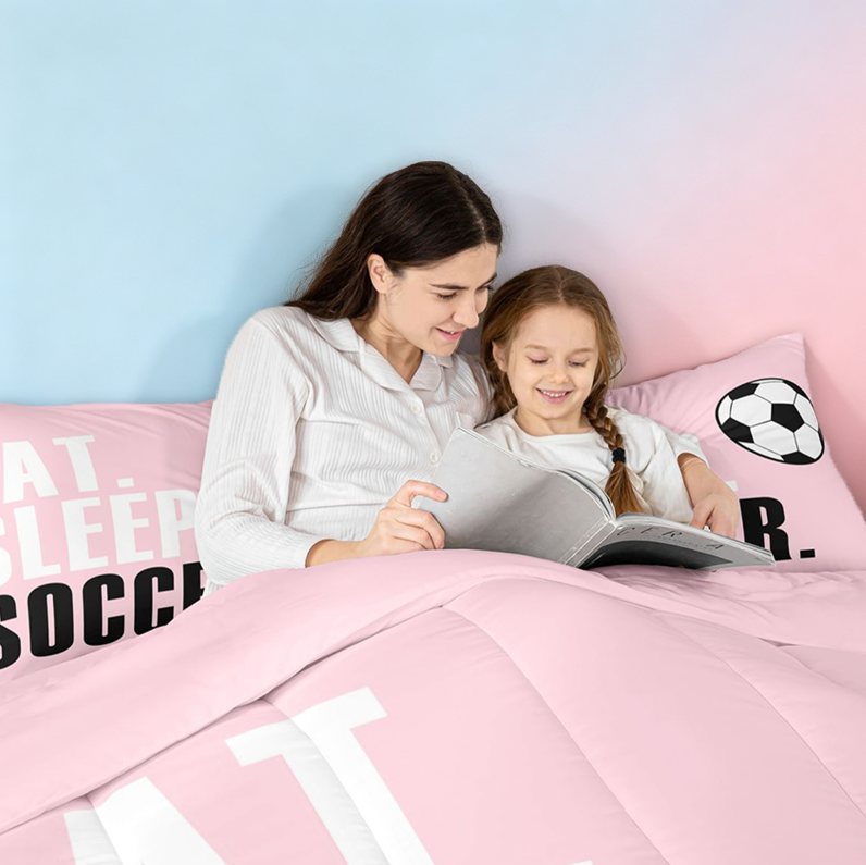 meiyoeat Girls Football Sports 7 Pieces Full Size Bedding Sets For Ball Lover,Kids Soccer Games Gaming Full Size Bed in a Bag,Pink Reversible