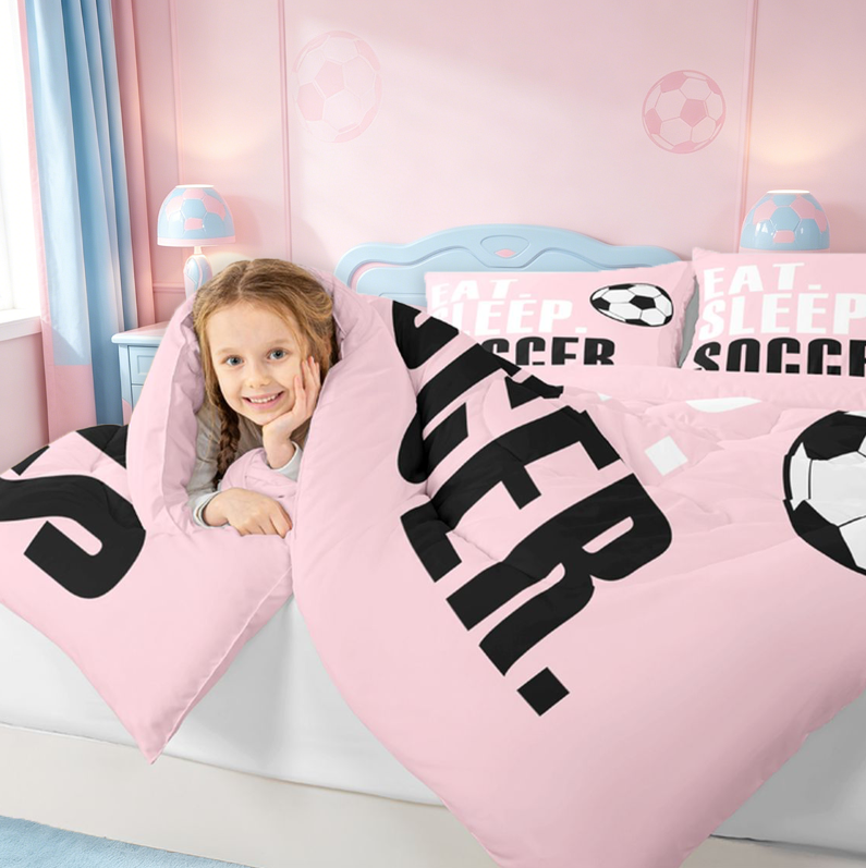 meiyoeat Girls Football Sports 7 Pieces Full Size Bedding Sets For Ball Lover,Kids Soccer Games Gaming Full Size Bed in a Bag,Pink Reversible