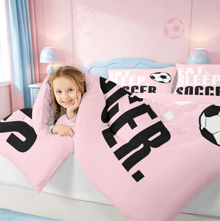 meiyoeat Girls Football Sports 7 Pieces Full Size Bedding Sets For Ball Lover,Kids Soccer Games Gaming Full Size Bed in a Bag,Pink Reversible