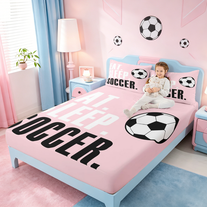 meiyoeat Girls Football Sports Bed Sheets For Ball Lover,Kids Soccer Games Gaming Full Size Sheets,4-Piece