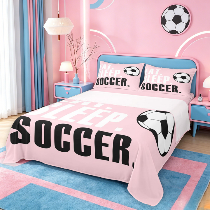 meiyoeat Girls Football Sports Bed Sheets For Ball Lover,Kids Soccer Games Gaming Full Size Sheets,4-Piece
