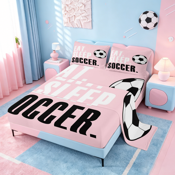 meiyoeat Girls Football Sports Bed Sheets For Ball Lover,Kids Soccer Games Gaming Full Size Sheets,4-Piece