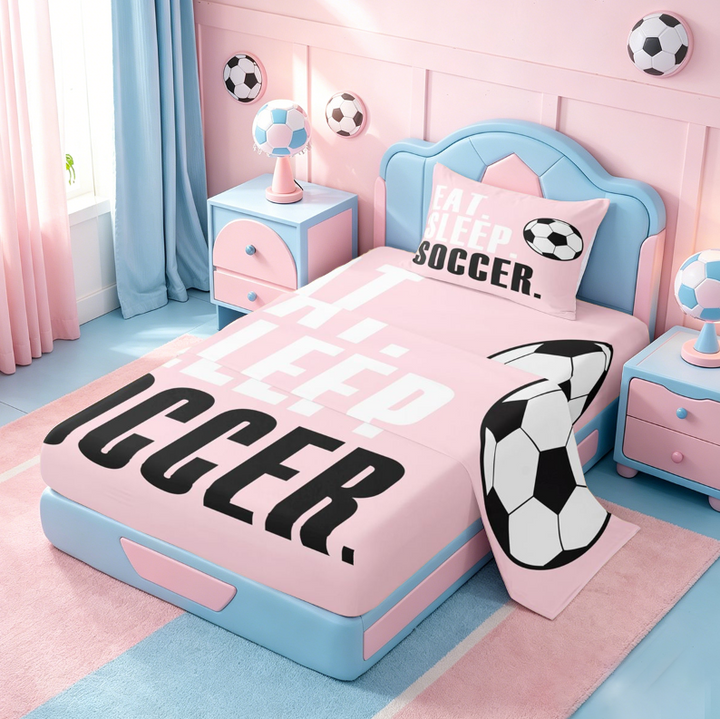 meiyoeat Girls Football Sports Bed Sheets For Ball Lover,Kids Soccer Games Gaming Full Size Sheets,4-Piece