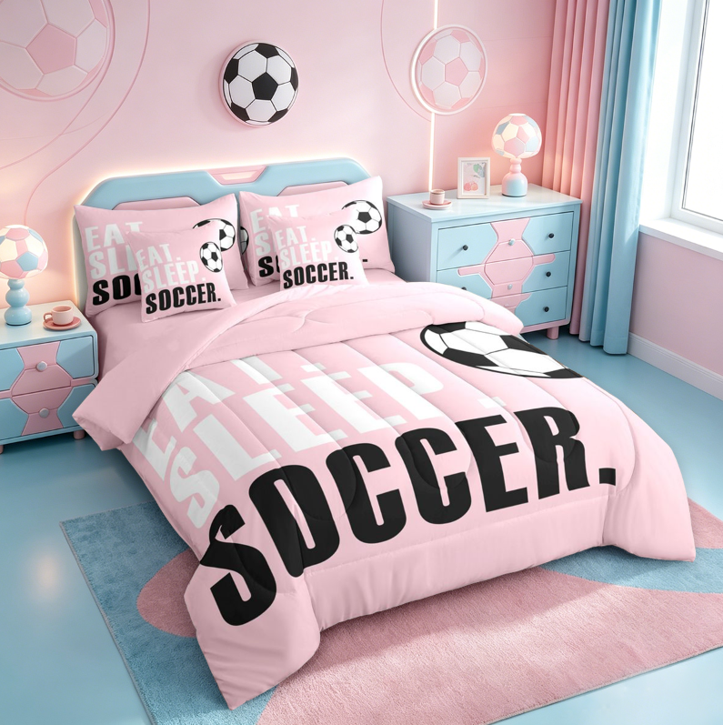 meiyoeat Girls Football Sports 7 Pieces Full Size Bedding Sets For Ball Lover,Kids Soccer Games Gaming Full Size Bed in a Bag,Pink Reversible