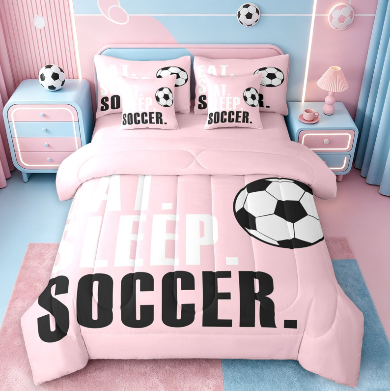 meiyoeat Girls Football Sports 7 Pieces Full Size Bedding Sets For Ball Lover,Kids Soccer Games Gaming Full Size Bed in a Bag,Pink Reversible