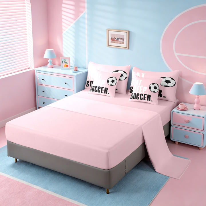 meiyoeat Girls Football Sports 7 Pieces Full Size Bedding Sets For Ball Lover,Kids Soccer Games Gaming Full Size Bed in a Bag,Pink Reversible