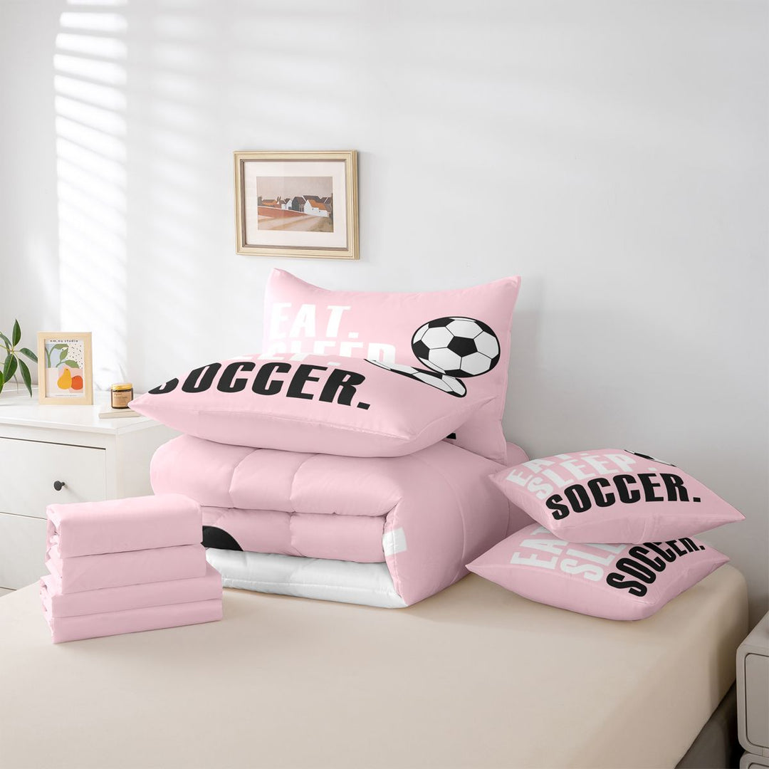 meiyoeat Girls Football Sports 7 Pieces Full Size Bedding Sets For Ball Lover,Kids Soccer Games Gaming Full Size Bed in a Bag,Pink Reversible