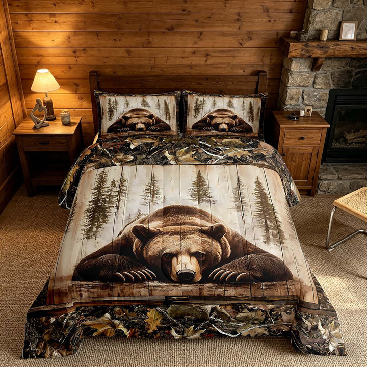 meiyoeat Rustic Cabin Bear King Size Comforter Sets, Vintage Farmhouse Bedding Comforter Set, Brown, Black Reversible 3 Pieces, 1 Comforter and 2 Pillowcases