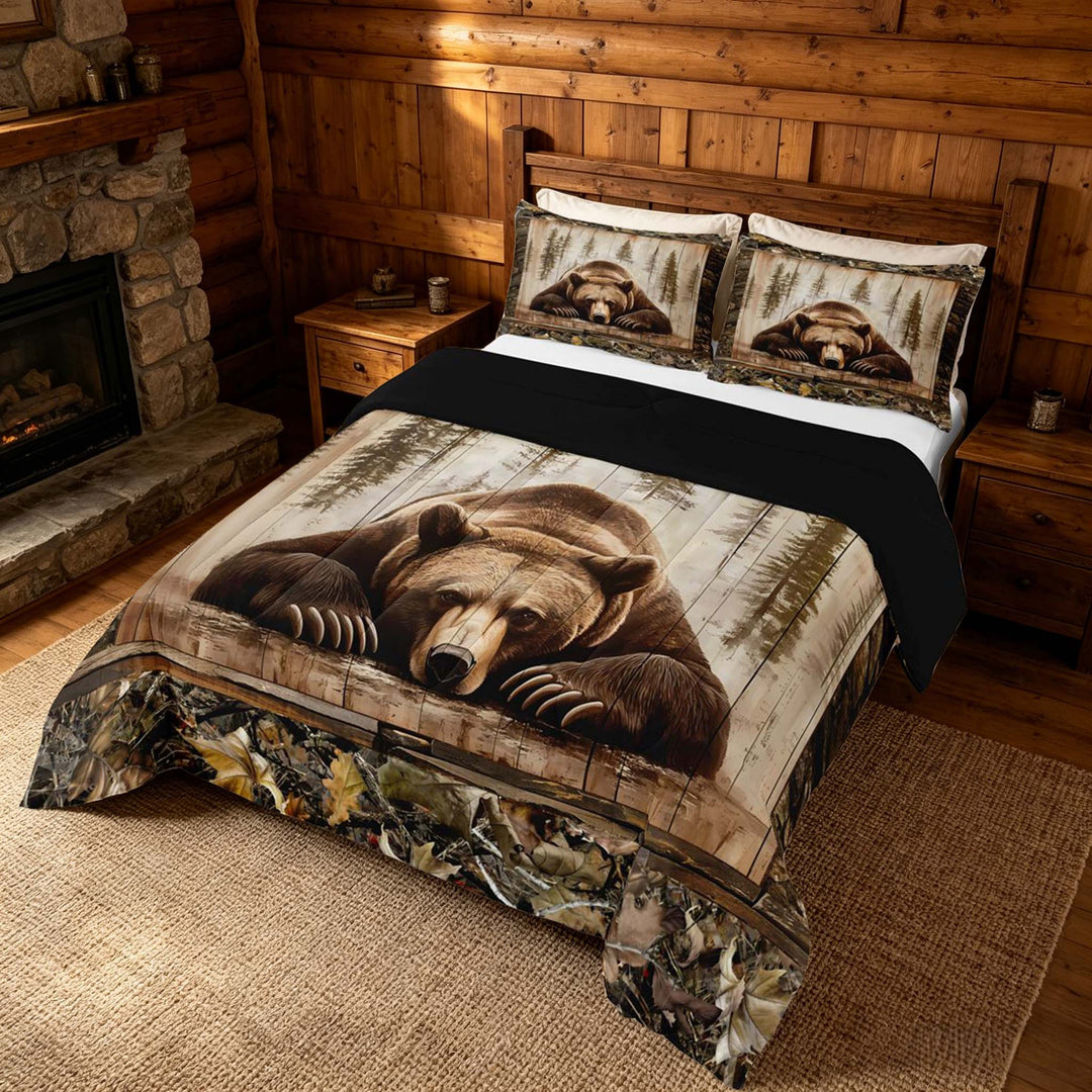 meiyoeat Rustic Cabin Bear King Size Comforter Sets, Vintage Farmhouse Bedding Comforter Set, Brown, Black Reversible 3 Pieces, 1 Comforter and 2 Pillowcases
