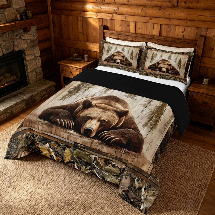 meiyoeat Rustic Cabin Bear King Size Comforter Sets, Vintage Farmhouse Bedding Comforter Set, Brown, Black Reversible 3 Pieces, 1 Comforter and 2 Pillowcases