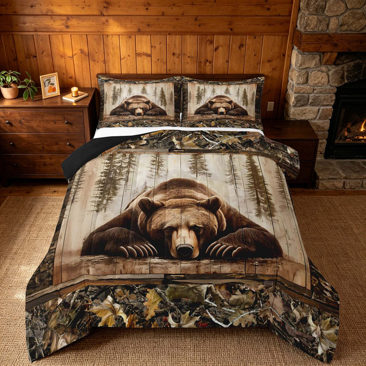 meiyoeat Rustic Cabin Bear King Size Comforter Sets, Vintage Farmhouse Bedding Comforter Set, Brown, Black Reversible 3 Pieces, 1 Comforter and 2 Pillowcases