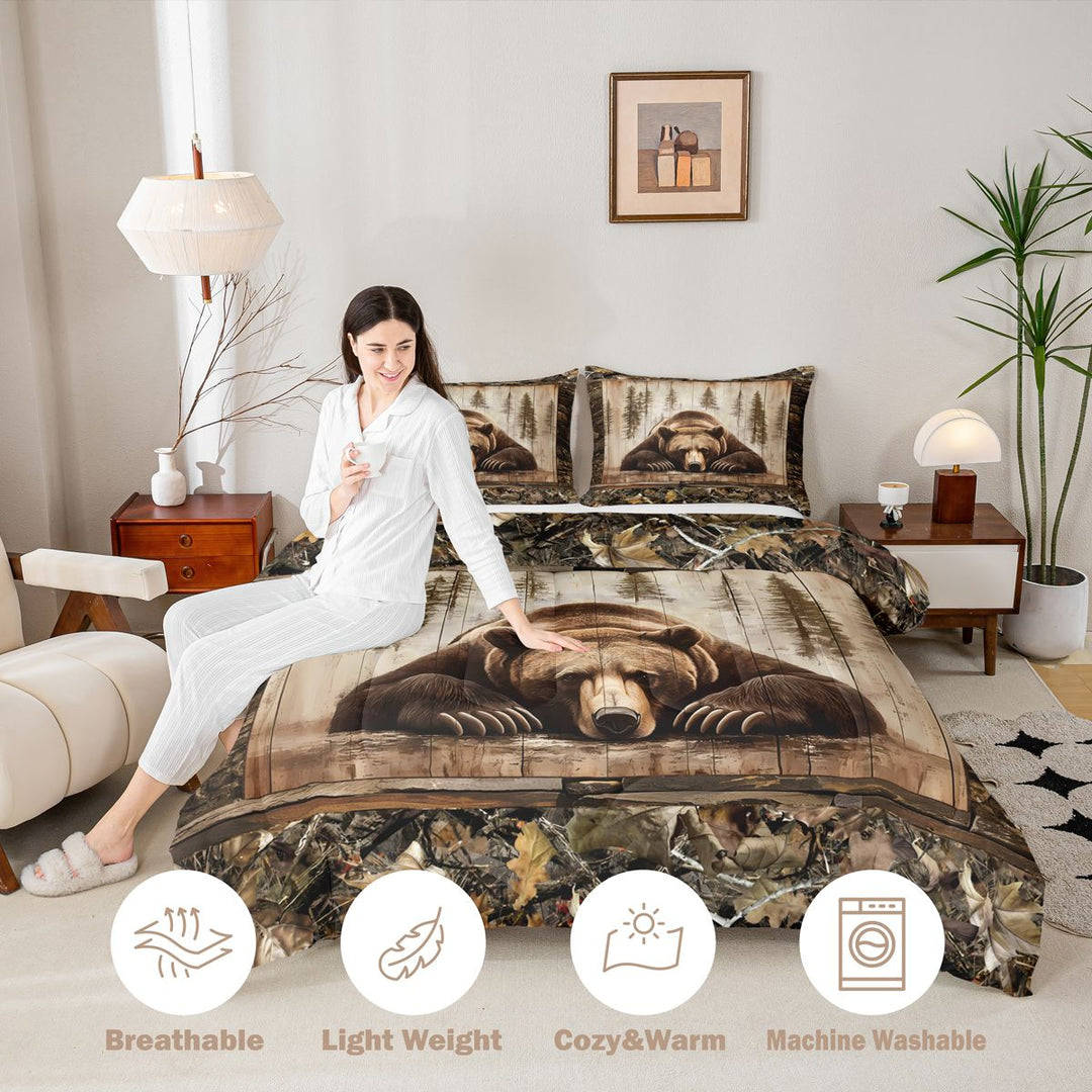 meiyoeat Rustic Cabin Bear King Size Comforter Sets, Vintage Farmhouse Bedding Comforter Set, Brown, Black Reversible 3 Pieces, 1 Comforter and 2 Pillowcases