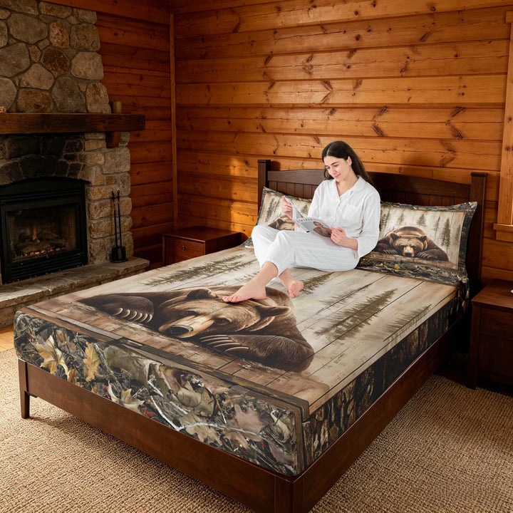 meiyoeat Rustic Cabin Bear Bed Sheets, Vintage Farmhouse King Sheets, Brown, 4 Pieces, 1 Flat Sheet, 1 Fitted Sheet and 2 Pillowcases