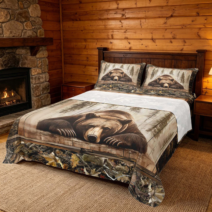 meiyoeat Rustic Cabin Bear Bed Sheets, Vintage Farmhouse King Sheets, Brown, 4 Pieces, 1 Flat Sheet, 1 Fitted Sheet and 2 Pillowcases