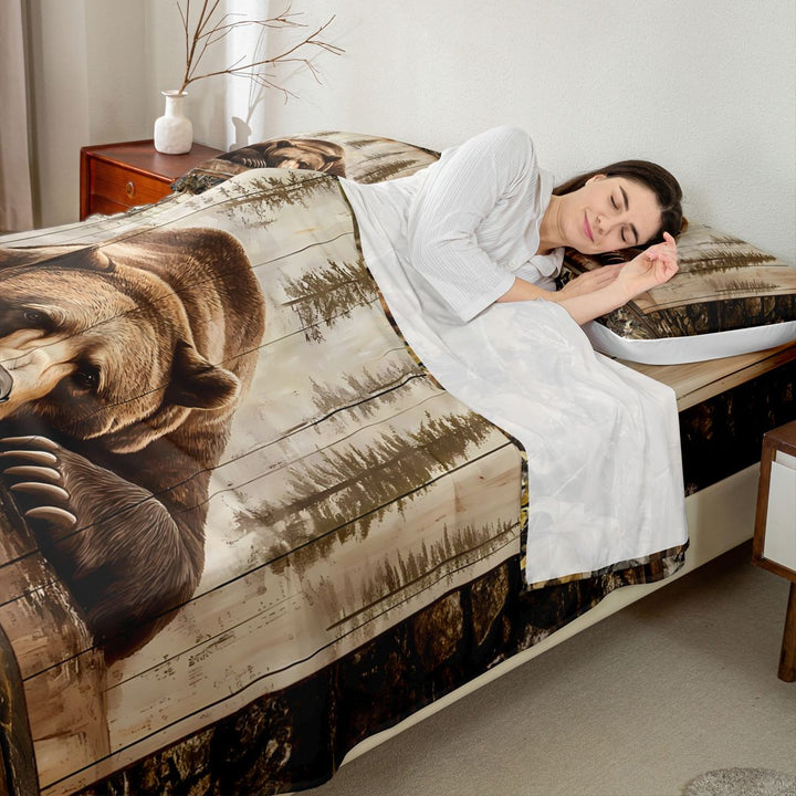 meiyoeat Rustic Cabin Bear Bed Sheets, Vintage Farmhouse King Sheets, Brown, 4 Pieces, 1 Flat Sheet, 1 Fitted Sheet and 2 Pillowcases