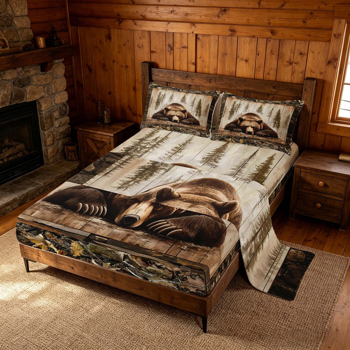 meiyoeat Rustic Cabin Bear Bed Sheets, Vintage Farmhouse King Sheets, Brown, 4 Pieces, 1 Flat Sheet, 1 Fitted Sheet and 2 Pillowcases