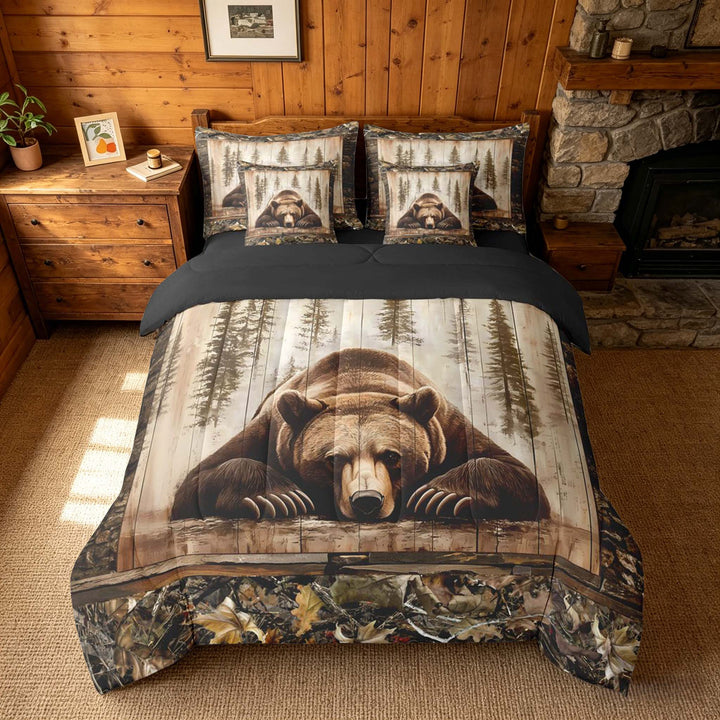 meiyoeat Rustic Cabin Bear Bedding Comforter Set, Vintage Farmhouse King Bedding Sets, Brown, Black Reversible 7 Pieces