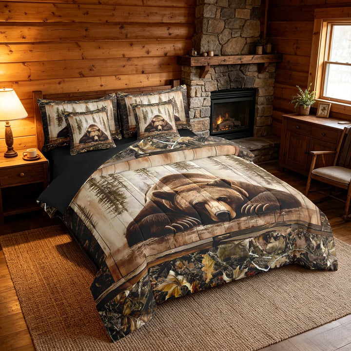meiyoeat Rustic Cabin Bear Bedding Comforter Set, Vintage Farmhouse King Bedding Sets, Brown, Black Reversible 7 Pieces