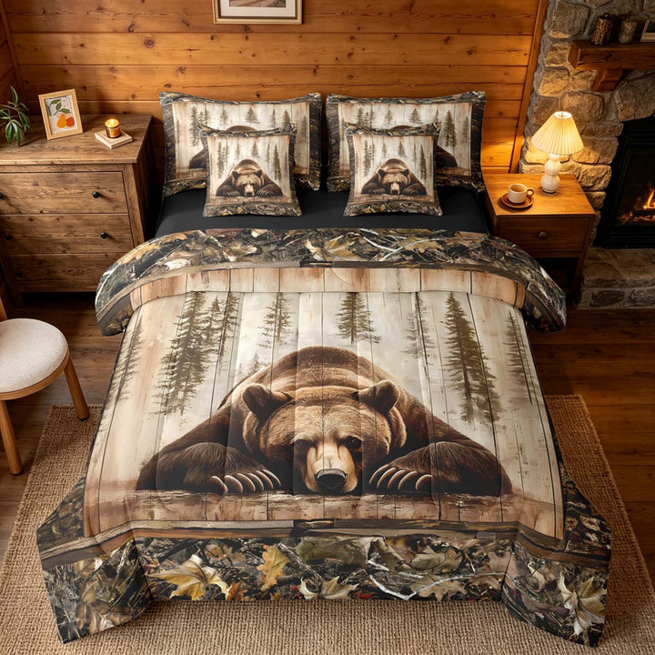 meiyoeat Rustic Cabin Bear Bedding Comforter Set, Vintage Farmhouse King Bedding Sets, Brown, Black Reversible 7 Pieces