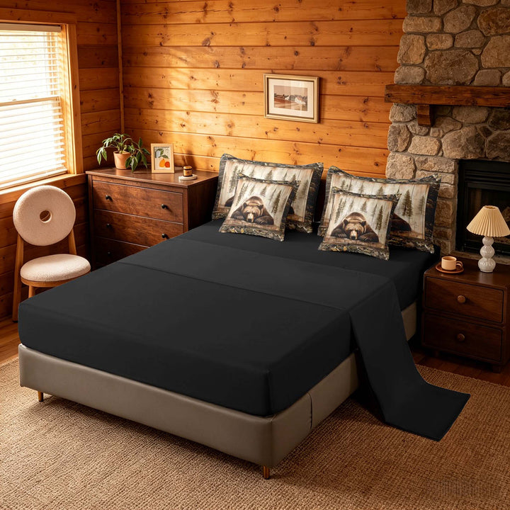 meiyoeat Rustic Cabin Bear Bedding Comforter Set, Vintage Farmhouse King Bedding Sets, Brown, Black Reversible 7 Pieces