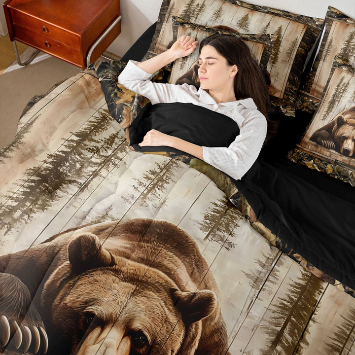 meiyoeat Rustic Cabin Bear Bedding Comforter Set, Vintage Farmhouse King Bedding Sets, Brown, Black Reversible 7 Pieces
