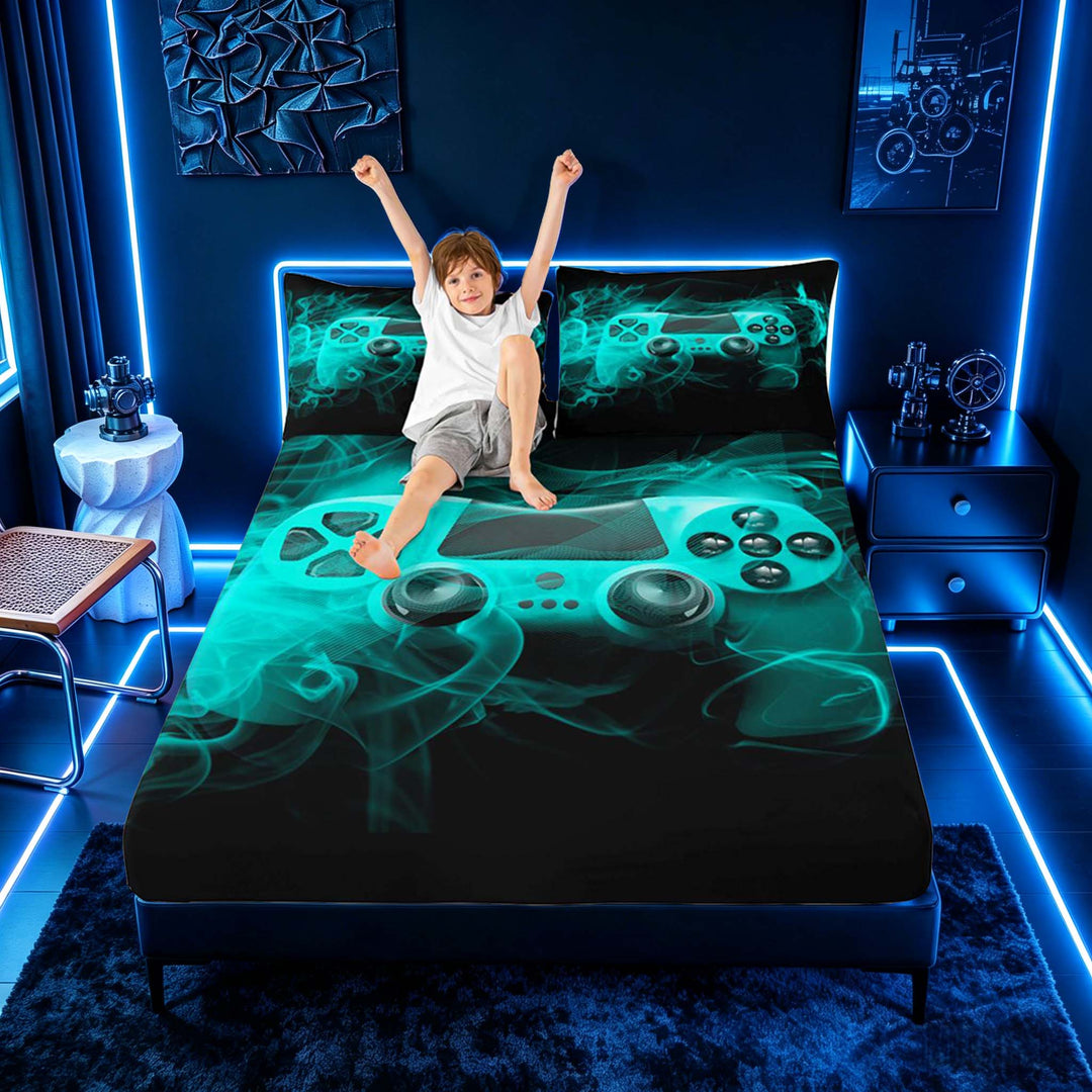 meiyoeat Neon Gaming Gamepad Full Size Sheets, Smoke Wave Bed Sheets for Boys, Teal, 4-Piece, 1 Flat Sheet, 1 Fitted Sheet and 2 Pillowcases