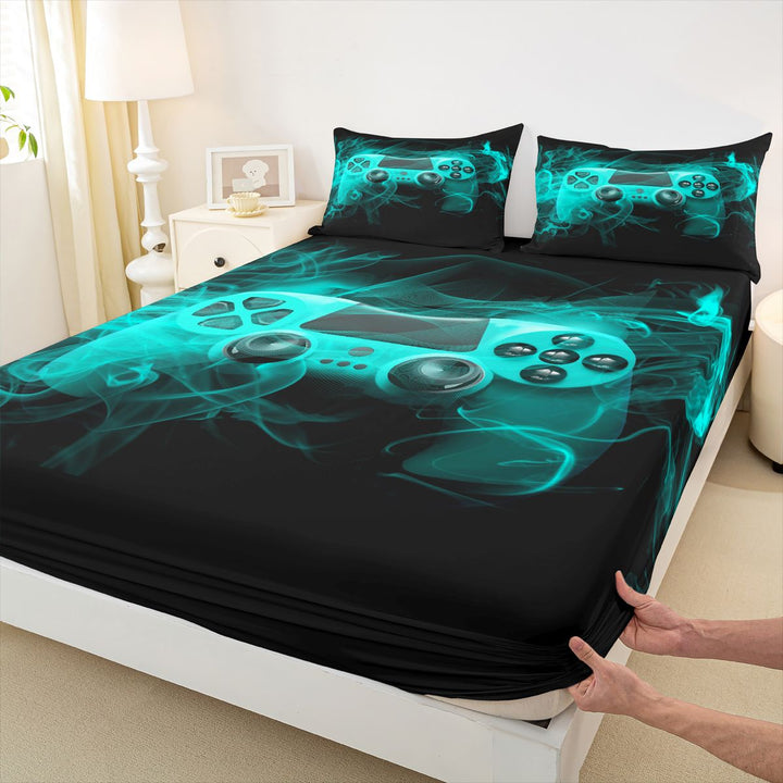 meiyoeat Neon Gaming Gamepad Full Size Sheets, Smoke Wave Bed Sheets for Boys, Teal, 4-Piece, 1 Flat Sheet, 1 Fitted Sheet and 2 Pillowcases
