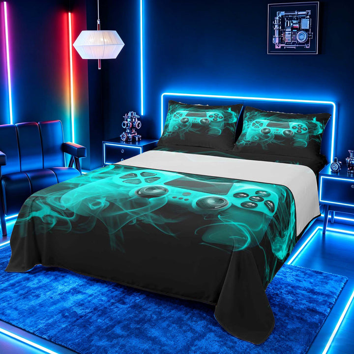 meiyoeat Neon Gaming Gamepad Full Size Sheets, Smoke Wave Bed Sheets for Boys, Teal, 4-Piece, 1 Flat Sheet, 1 Fitted Sheet and 2 Pillowcases