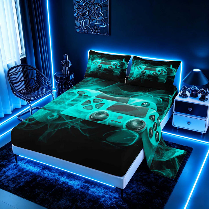 meiyoeat Neon Gaming Gamepad Full Size Sheets, Smoke Wave Bed Sheets for Boys, Teal, 4-Piece, 1 Flat Sheet, 1 Fitted Sheet and 2 Pillowcases
