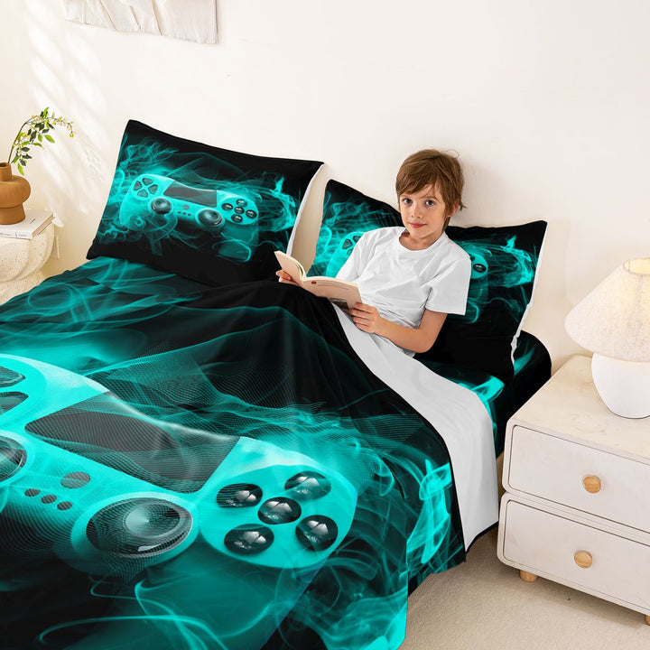 meiyoeat Neon Gaming Gamepad Full Size Sheets, Smoke Wave Bed Sheets for Boys, Teal, 4-Piece, 1 Flat Sheet, 1 Fitted Sheet and 2 Pillowcases