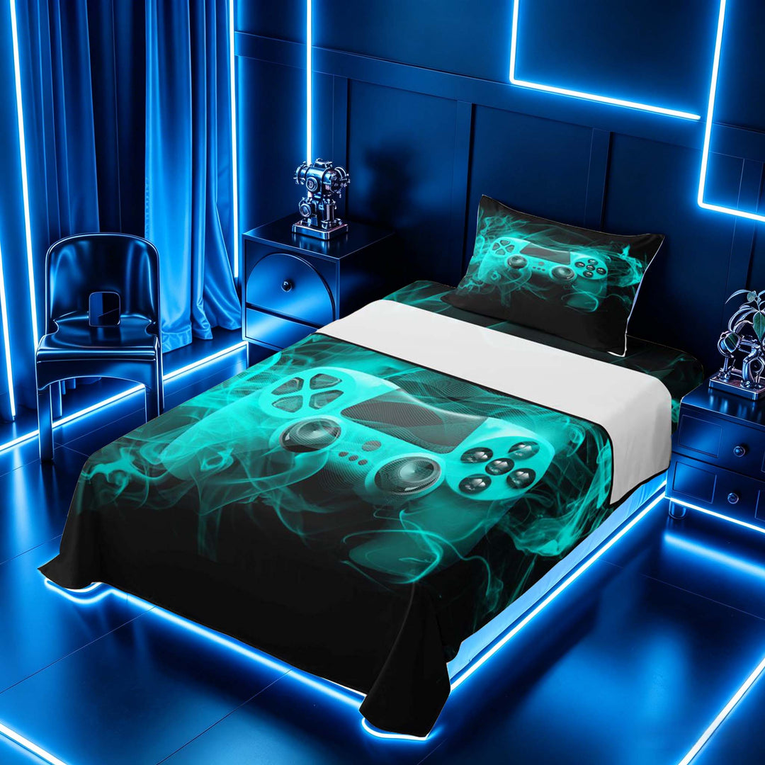 meiyoeat Neon Gaming Gamepad Full Size Sheets, Smoke Wave Bed Sheets for Boys, Teal, 4-Piece, 1 Flat Sheet, 1 Fitted Sheet and 2 Pillowcases