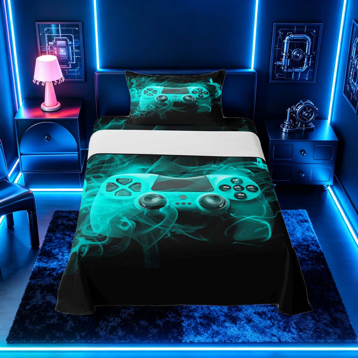 meiyoeat Neon Gaming Gamepad Full Size Sheets, Smoke Wave Bed Sheets for Boys, Teal, 4-Piece, 1 Flat Sheet, 1 Fitted Sheet and 2 Pillowcases