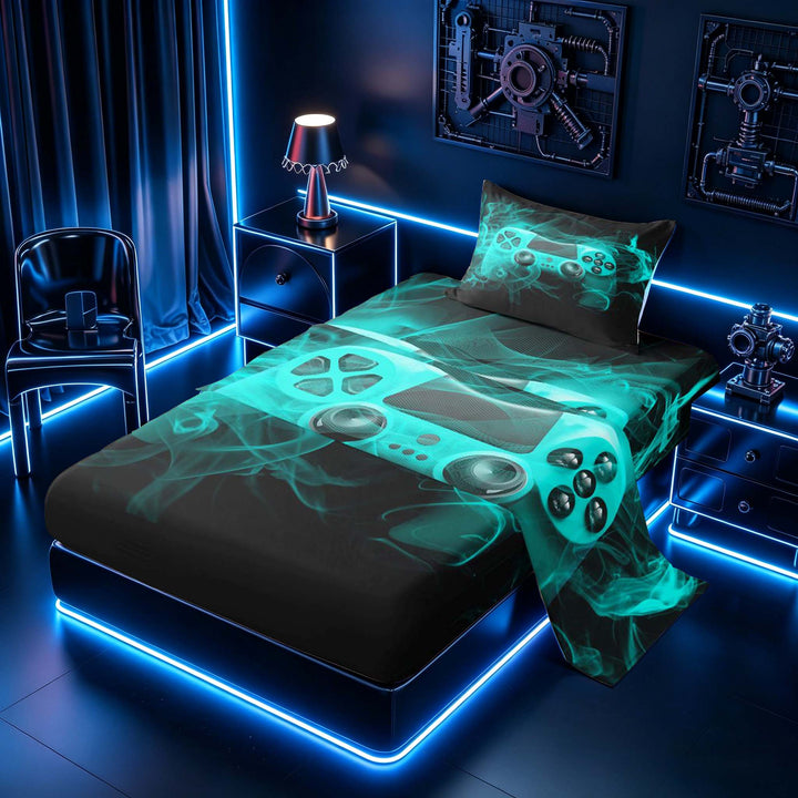 meiyoeat Neon Gaming Gamepad Full Size Sheets, Smoke Wave Bed Sheets for Boys, Teal, 4-Piece, 1 Flat Sheet, 1 Fitted Sheet and 2 Pillowcases