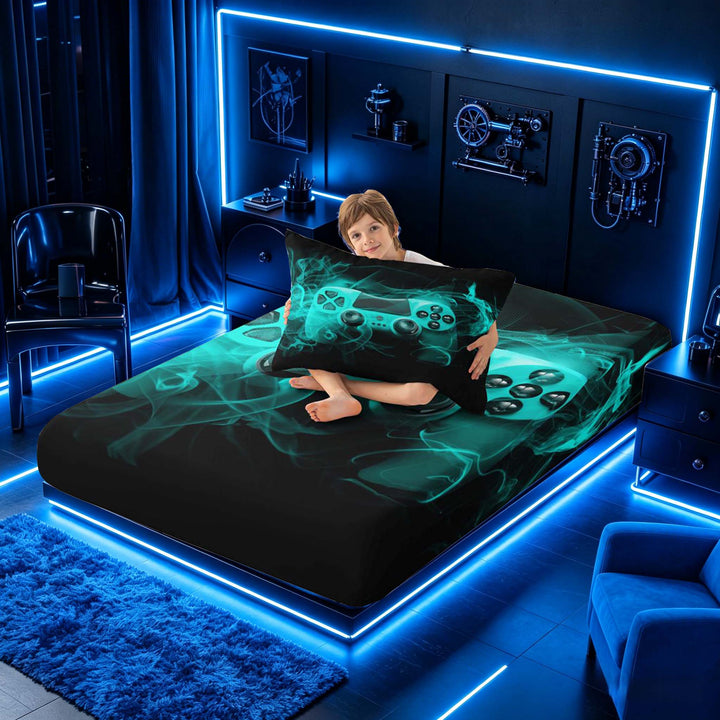 meiyoeat Neon Gaming Gamepad Full Size Sheets, Smoke Wave Bed Sheets for Boys, Teal, 4-Piece, 1 Flat Sheet, 1 Fitted Sheet and 2 Pillowcases
