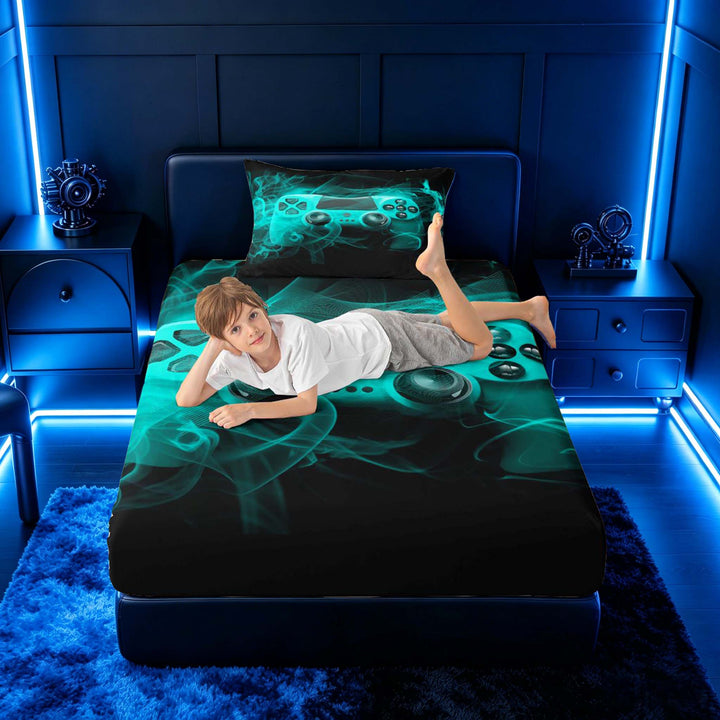 meiyoeat Neon Gaming Gamepad Full Size Sheets, Smoke Wave Bed Sheets for Boys, Teal, 4-Piece, 1 Flat Sheet, 1 Fitted Sheet and 2 Pillowcases