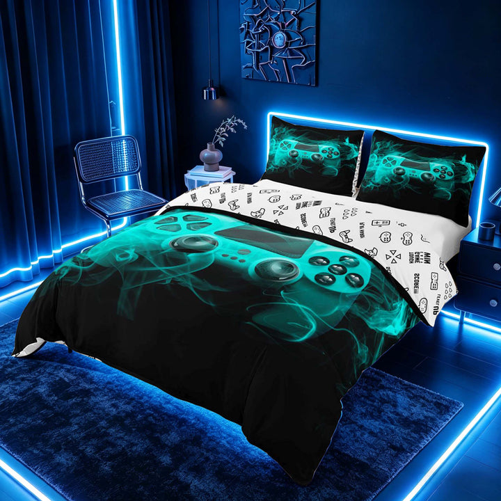meiyoeat Neon Gaming Gamepad Duvet Cover Set, Smoke Wave Bedding Full for Boys, Teal, Gamepad Reversible 3-Piece, 1 Duvet Cover and 2 Pillowcases
