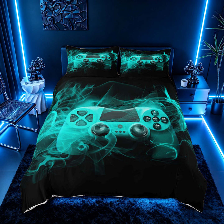meiyoeat Neon Gaming Gamepad Duvet Cover Set, Smoke Wave Bedding Full for Boys, Teal, Gamepad Reversible 3-Piece, 1 Duvet Cover and 2 Pillowcases