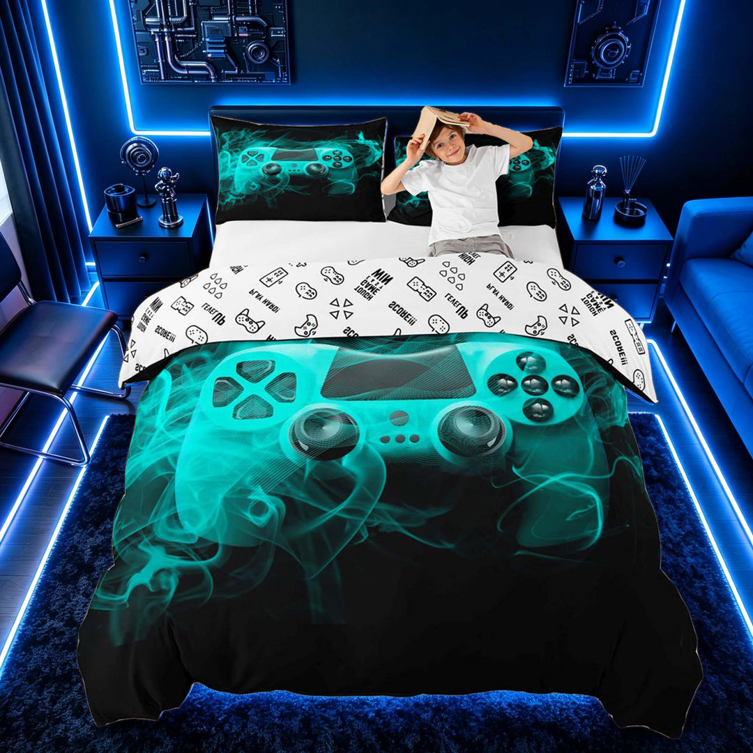 meiyoeat Neon Gaming Gamepad Duvet Cover Set, Smoke Wave Bedding Full for Boys, Teal, Gamepad Reversible 3-Piece, 1 Duvet Cover and 2 Pillowcases