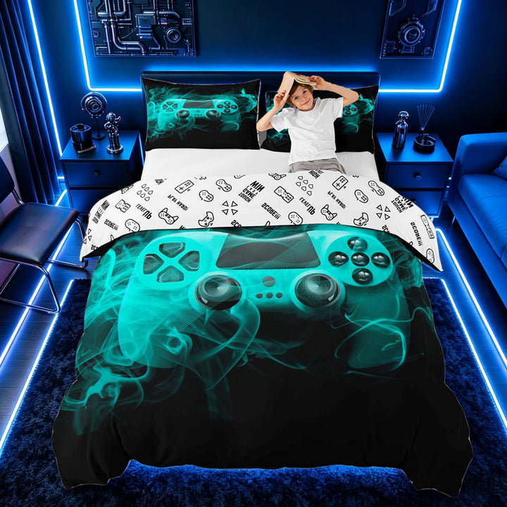 meiyoeat Neon Gaming Gamepad Duvet Cover Set, Smoke Wave Bedding Full for Boys, Teal, Gamepad Reversible 3-Piece, 1 Duvet Cover and 2 Pillowcases