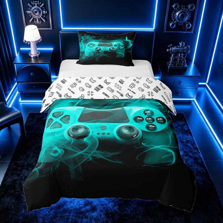 meiyoeat Neon Gaming Gamepad Duvet Cover Set, Smoke Wave Bedding Full for Boys, Teal, Gamepad Reversible 3-Piece, 1 Duvet Cover and 2 Pillowcases
