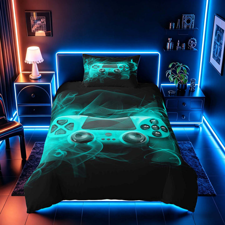 meiyoeat Neon Gaming Gamepad Duvet Cover Set, Smoke Wave Bedding Full for Boys, Teal, Gamepad Reversible 3-Piece, 1 Duvet Cover and 2 Pillowcases